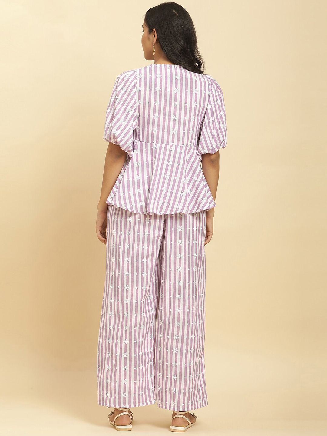 W Women Lavender & White Striped Embroidered Top with Trousers