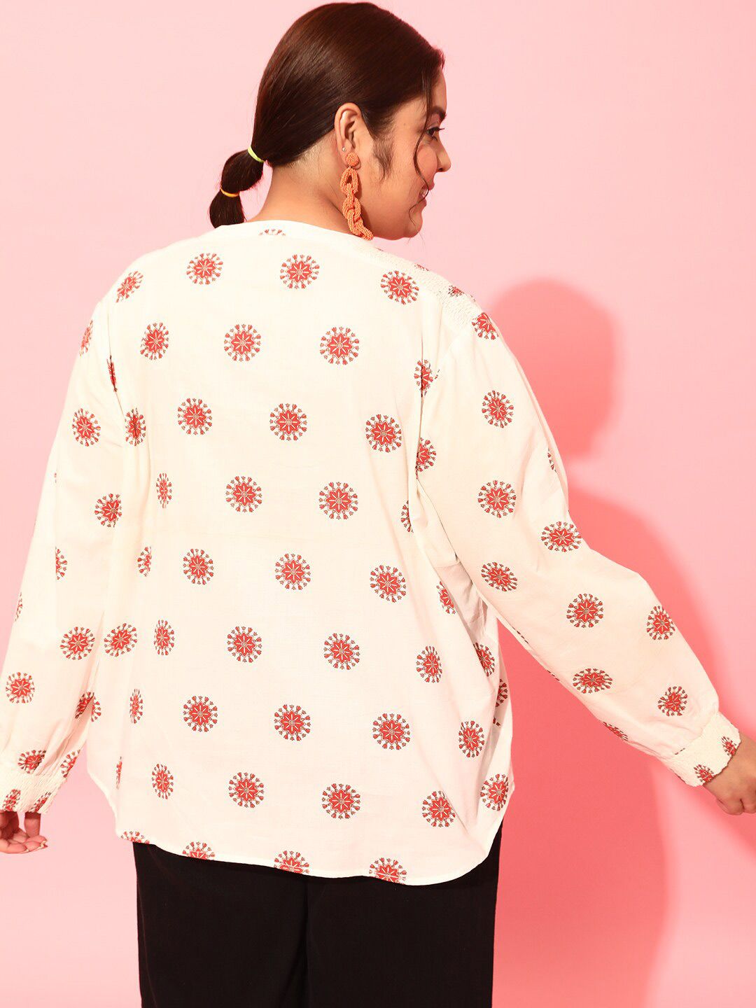 CURVY STREET Plus Size Floral Printed Smocked Shirt Style Top