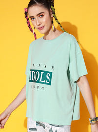 STREET 9 Women Sea Green Printed Cotton Drop-Shoulder Sleeves Bio Finish Oversized Pure Cotton T-shirt
