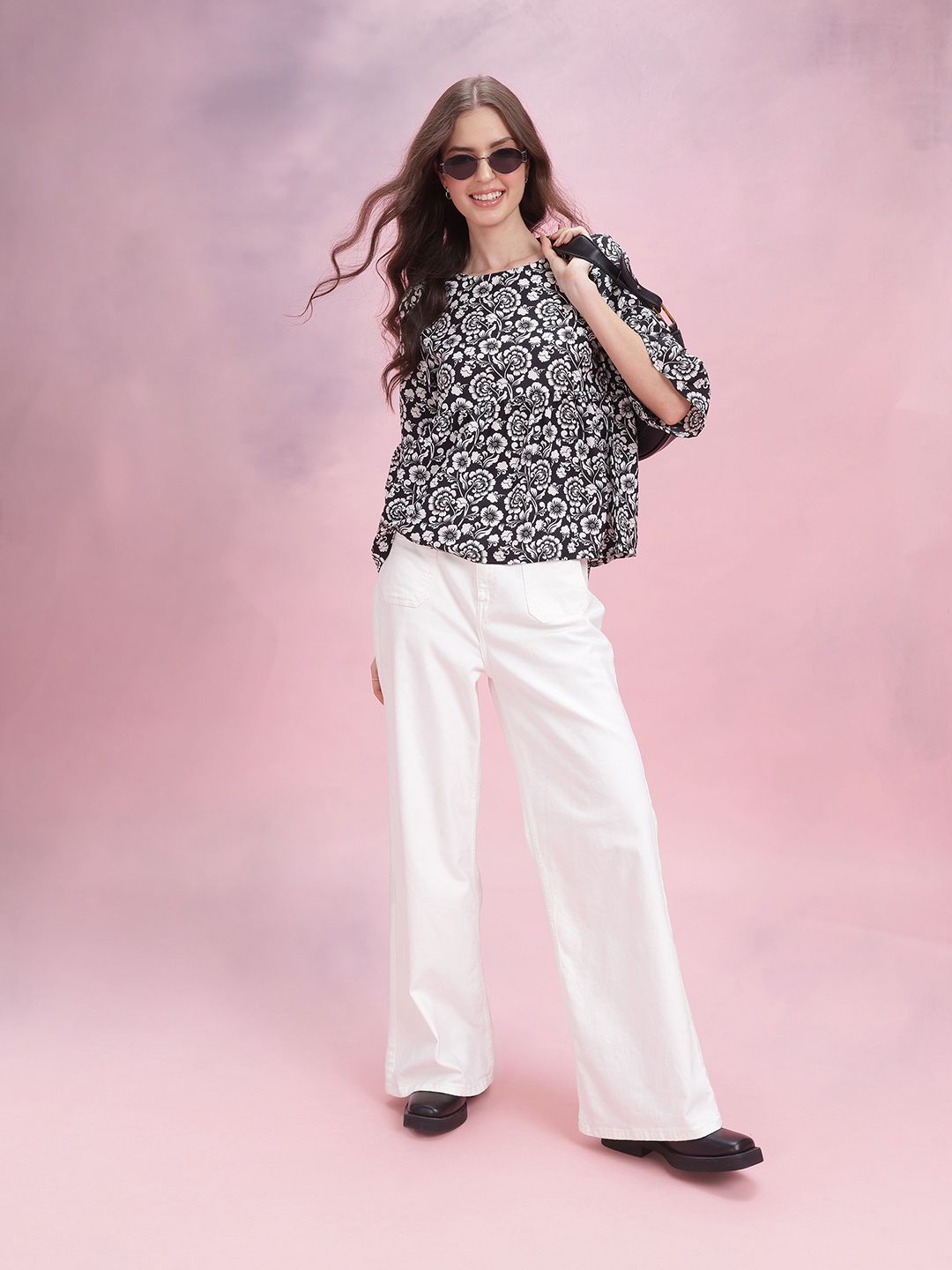 DressBerry Floral Print Bell Sleeve Peplum Top