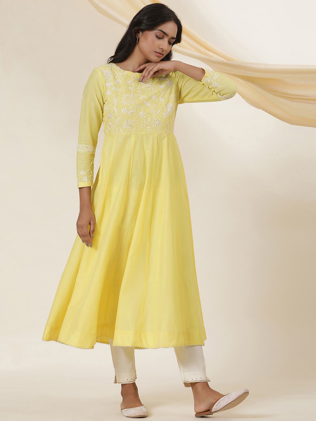 W Yellow Floral Embroidered Thread Work Cotton Empire Anarkali Kurta