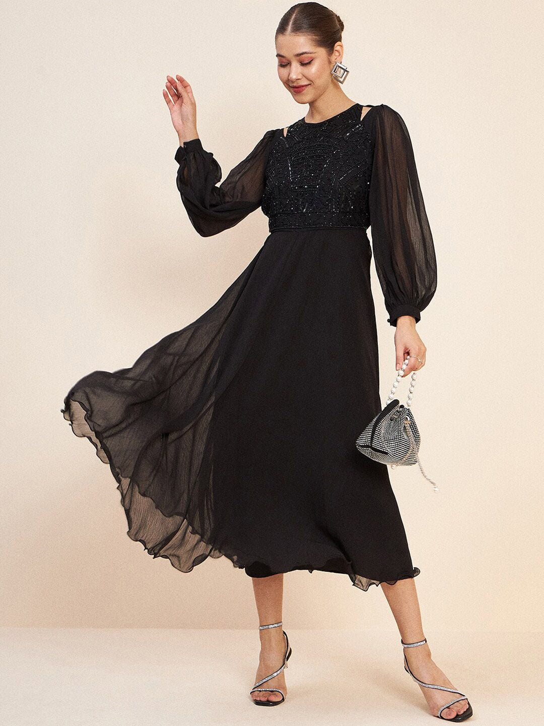 Antheaa Black Puff Sleeve Embellished Detail Fit & Flare Dress