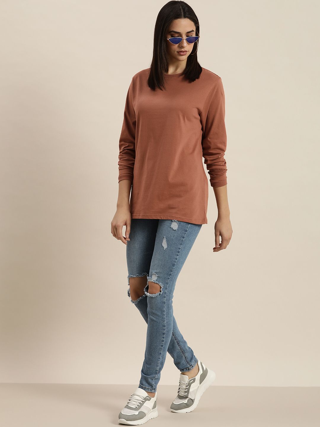 DILLINGER Women Brown Solid Cotton Oversized T-shirt