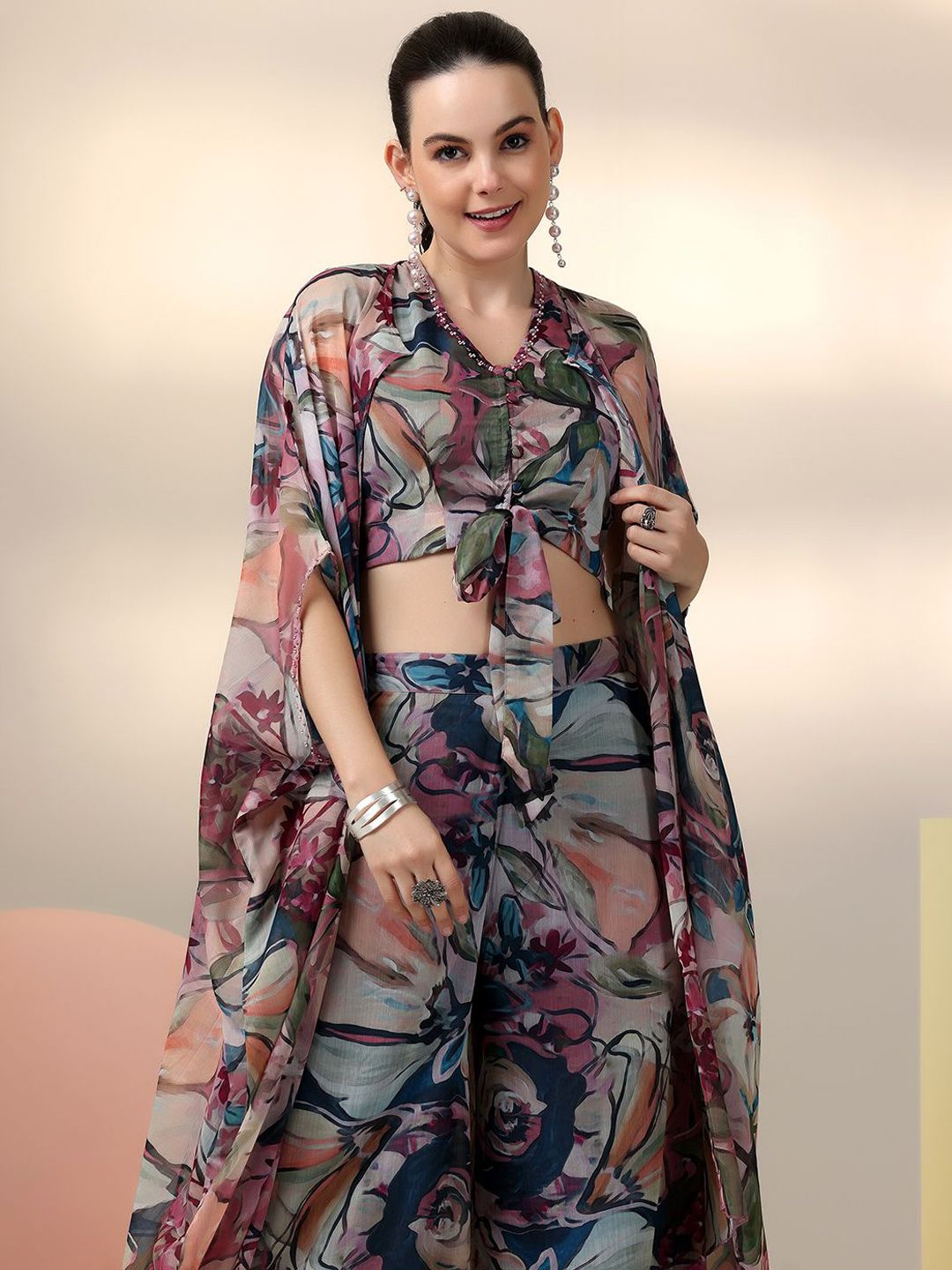 Libas Floral Printed V-Neck Top & Palazzo With Shrug