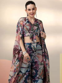 Libas Floral Printed V-Neck Top & Palazzo With Shrug