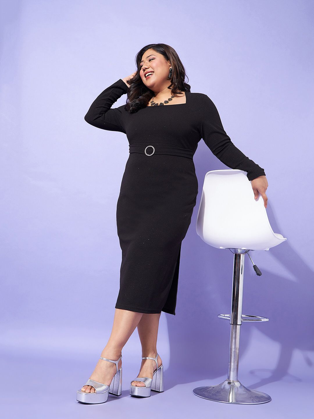 SASSAFRAS Curve Plus Size Square Neck Sheath Midi Dress