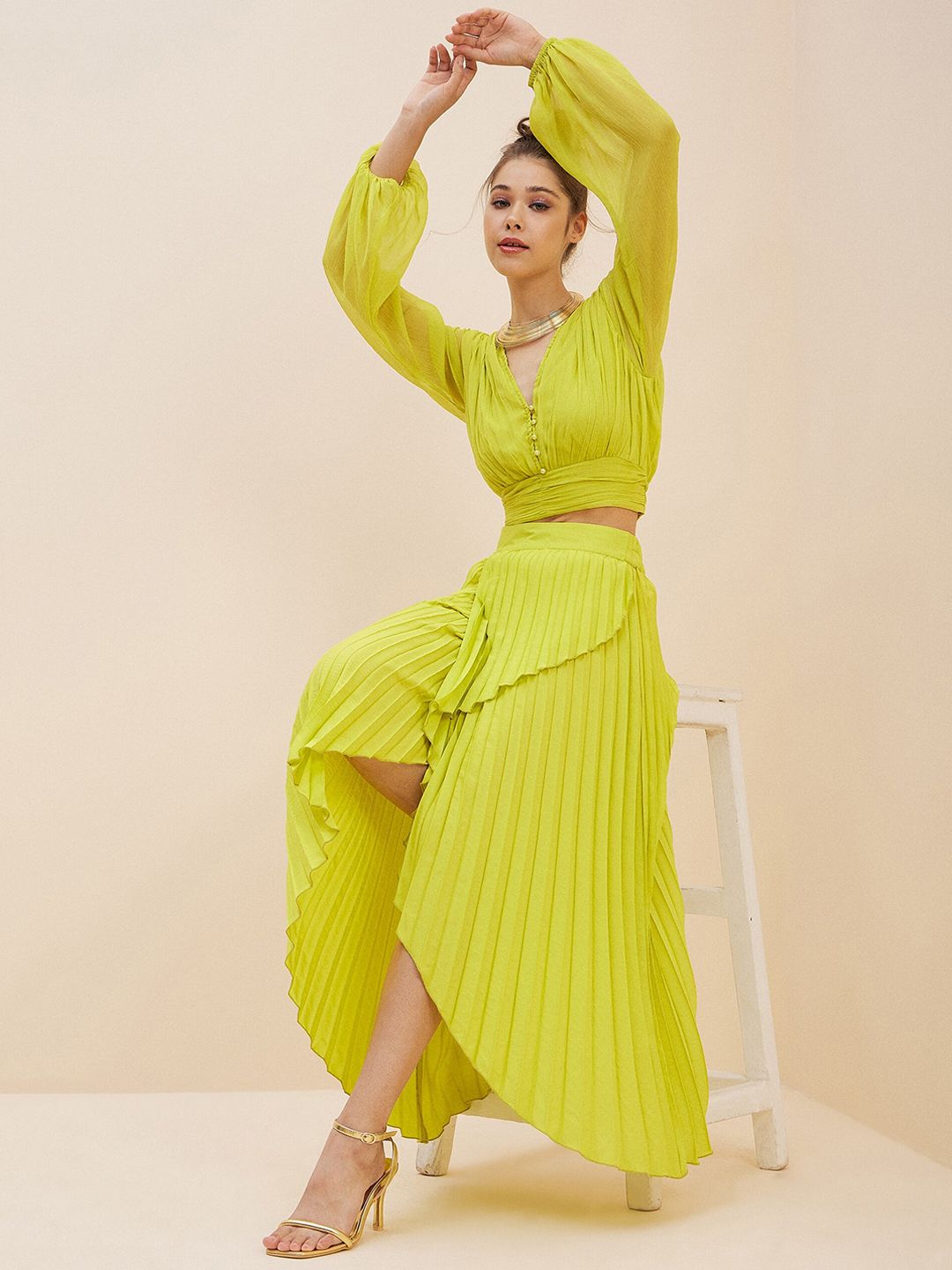 Antheaa Lime Green Crop Top With Accordion Pleated Overlap Assymetric Skirt
