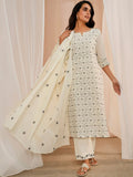 Libas Floral Embroidered Regular Thread Work Pure Cotton Kurta With Trousers & Dupatta