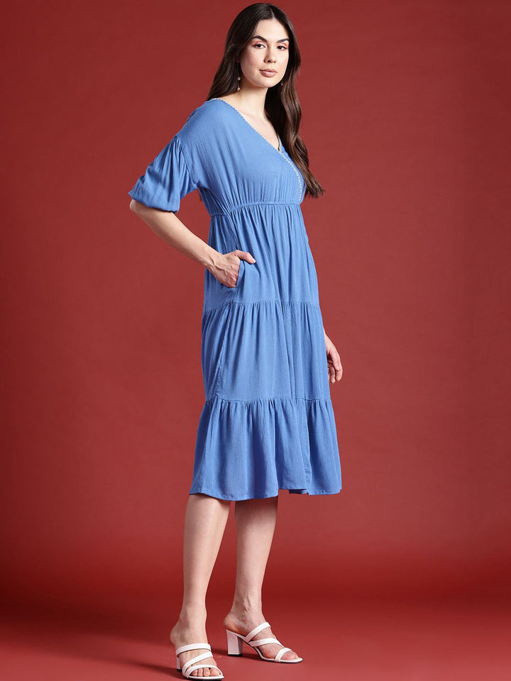 all about you Puff Sleeves Tiered Midi Wrap Style Dress