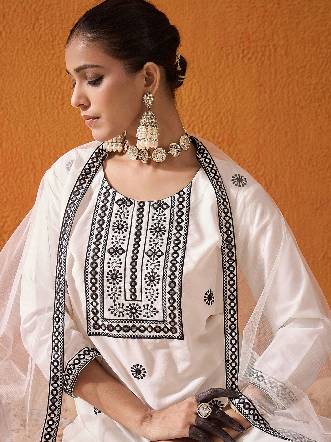 Indo Era White Floral Embroidered Straight Kurta with Trousers & Dupatta