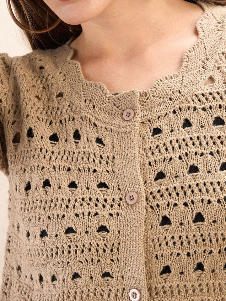 SASSAFRAS Self Design Round Neck Crochet Shirt Style Top