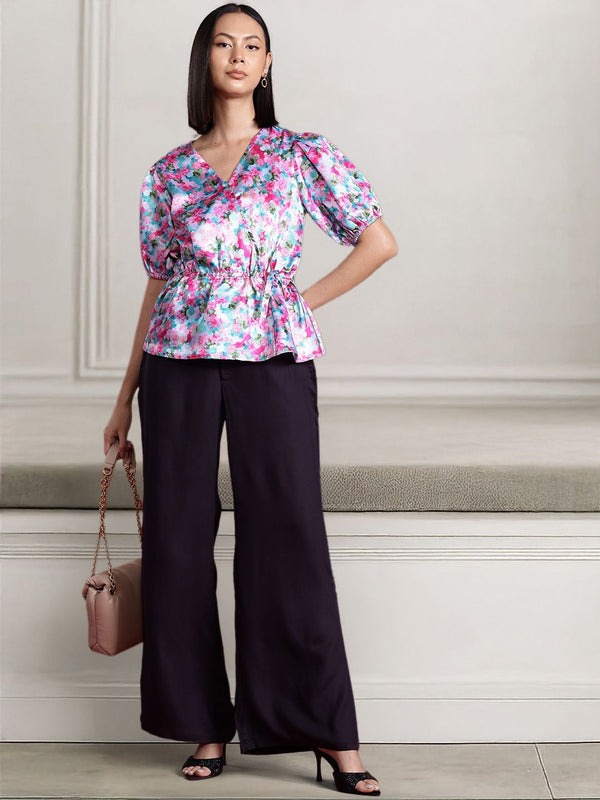 all about you Floral Printed Puff Sleeves Wrap Top