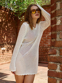 SASSAFRAS Women Off-White Crochet V-Neck Full Sleeve Short Beach Cover-up Dress