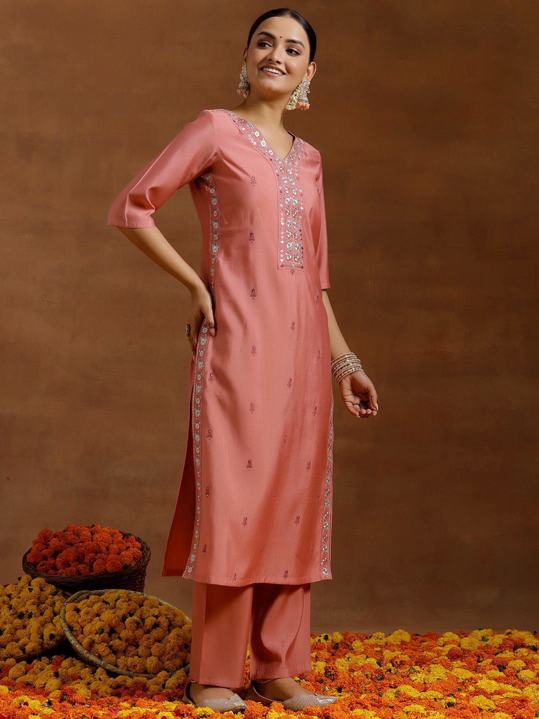 Libas Ethnic Motifs Floral Embroidered Straight Kurta with Trousers
