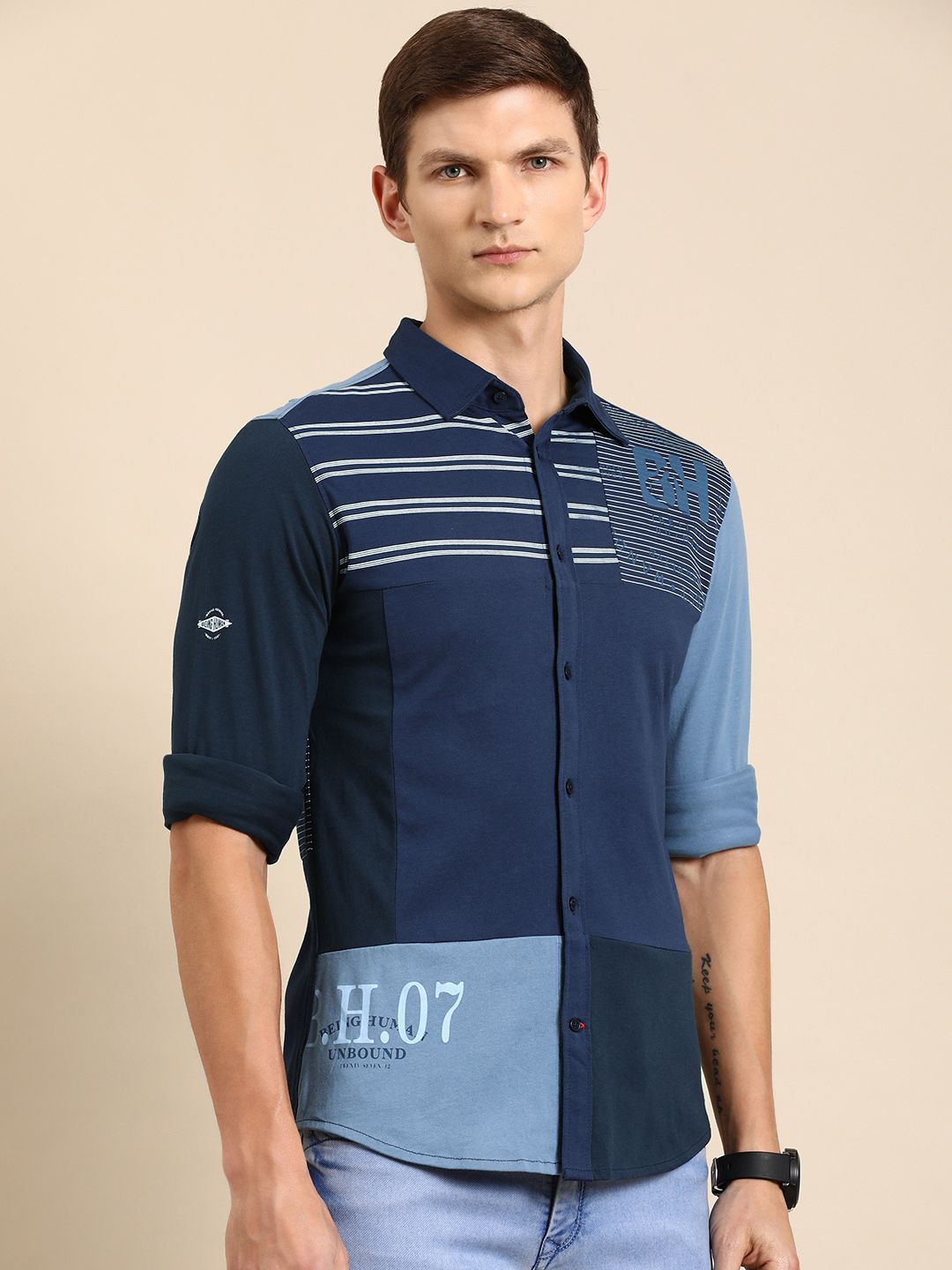 Being Human Men Pure Cotton Slim Fit Colourblocked Casual Shirt