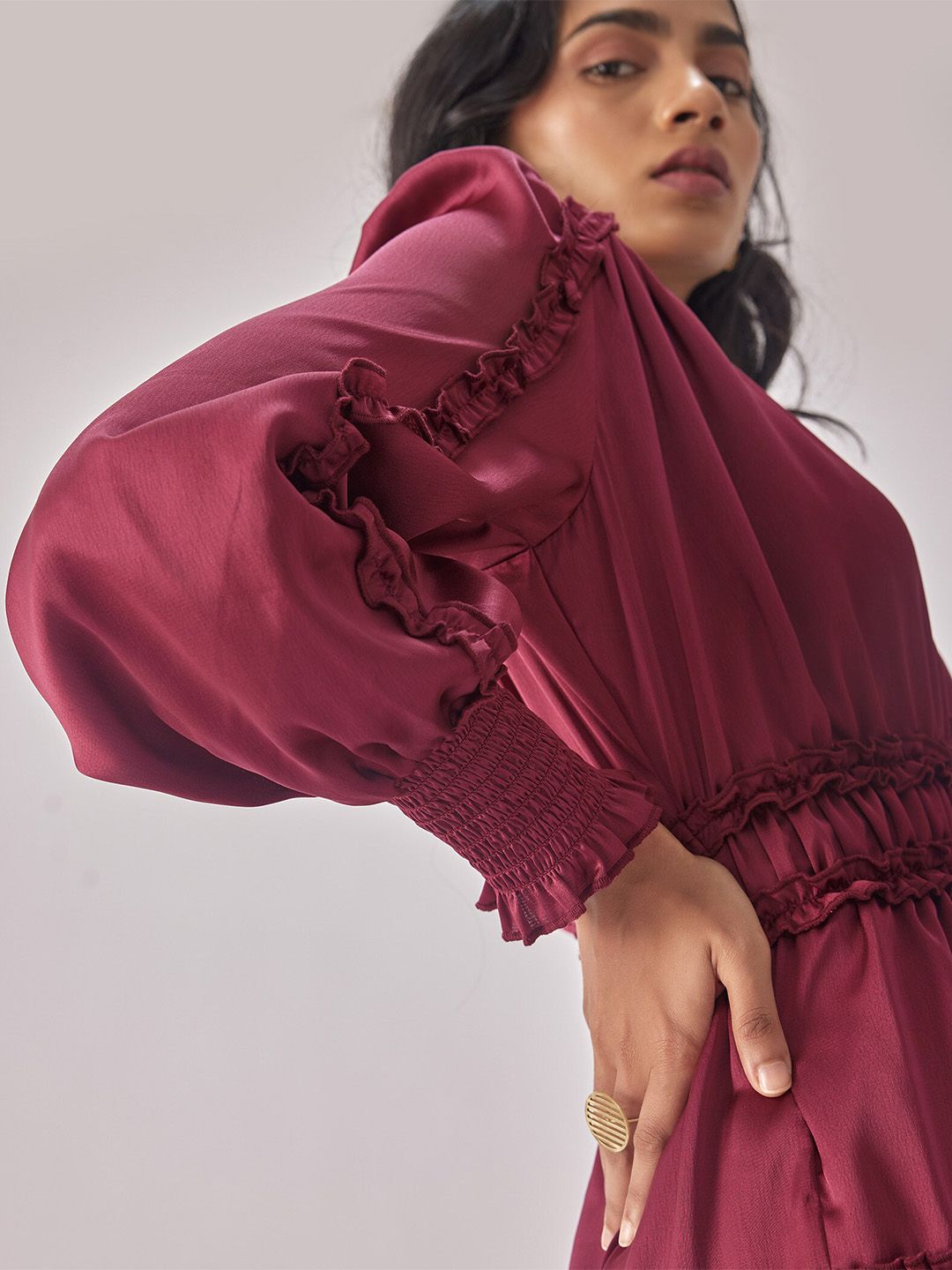 The Label Life Puff Sleeve Satin Empire Dress