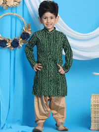 VASTRAMAY Boys Green Bandhani Printed Kurta with Dhoti Pants