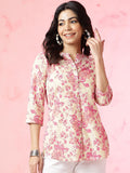 Anouk Off White Floral Printed Mandarin Collar Pure Cotton Top