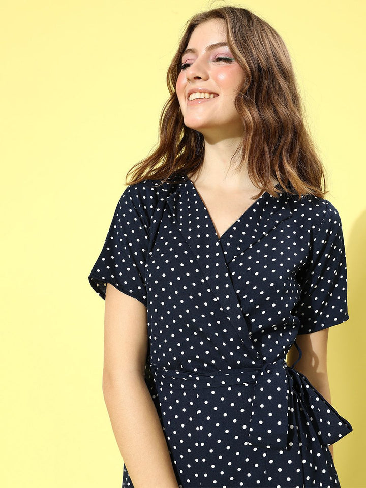 Berrylush Navy Blue & White Shawl Neck Printed Culotte Jumpsuit