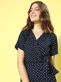 Berrylush Navy Blue & White Shawl Neck Printed Culotte Jumpsuit