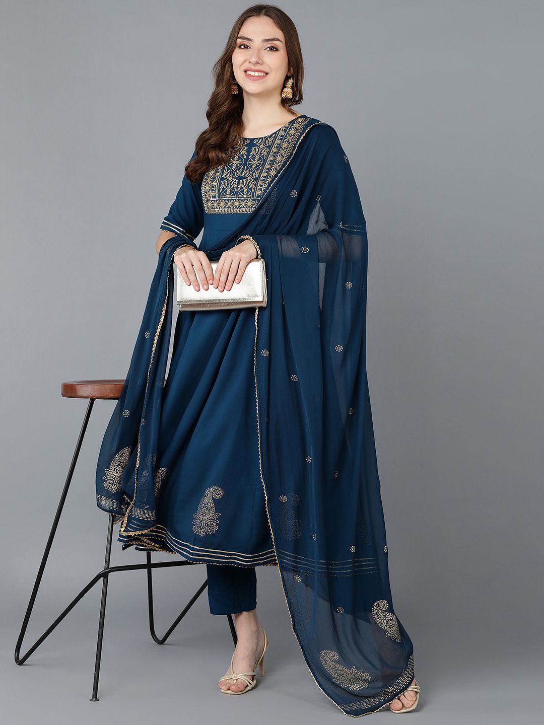 KALINI Ethnic Motifs Embroidered Round Neck Sequinned Empire Kurta With Trouser & Dupatta