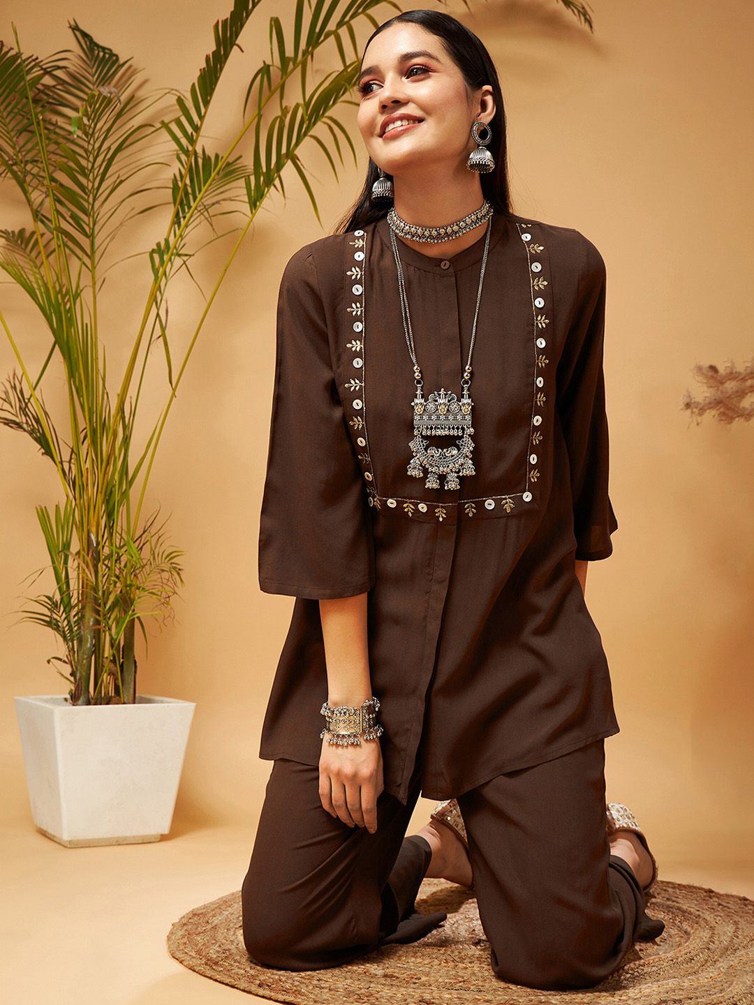 Shae by SASSAFRAS Embroidered Mandarin Collar A-Line Kurti With Palazzo
