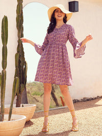 STREET 9 Lavender & Beige Printed Bell Sleeve Fit & Flare Dress