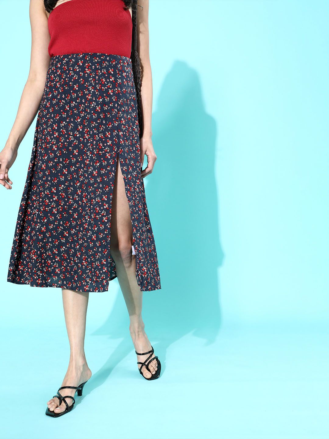 Berrylush Navy Blue Micro or Ditsy Floral Printed Polyester Crepe Casual Midi Flared Skirt