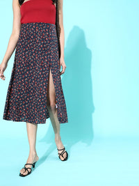 Berrylush Navy Blue Micro or Ditsy Floral Printed Polyester Crepe Casual Midi Flared Skirt