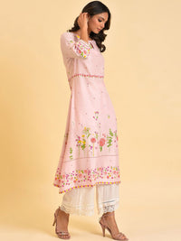 W Pink & Yellow Floral Printed Keyhole Neck Kurta