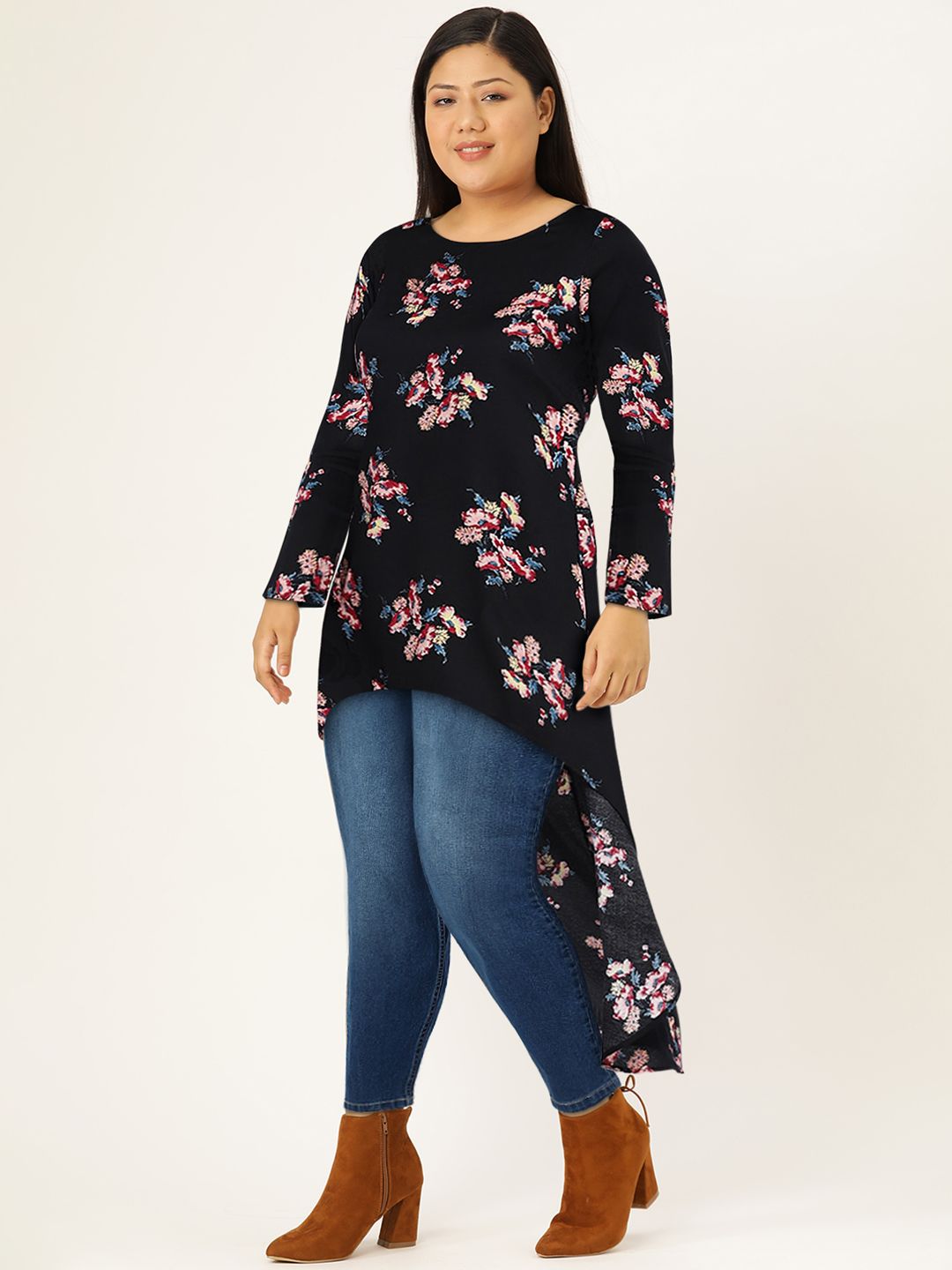 Berrylush Black Floral High-Low Trapeze Top