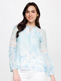AND Floral Printed Puff Sleeves Tie-Up Neck Top
