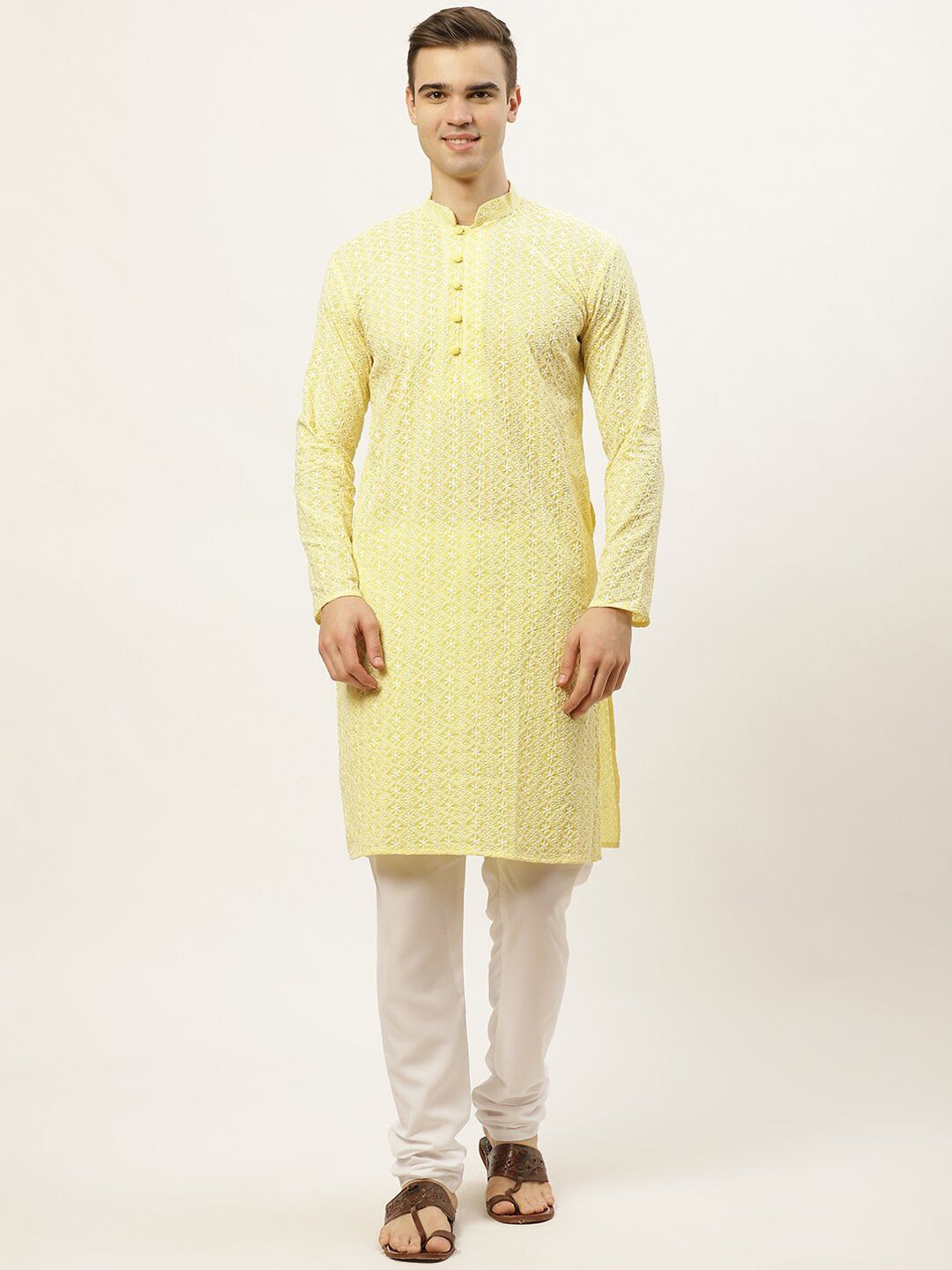 Jompers Men Yellow Thread Work Embroidered Chikankari Kurta