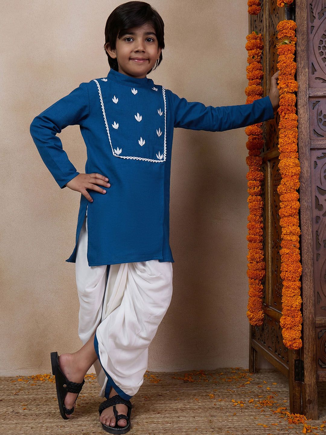 pspeaches Boys Mandarin Collar Floral Yoke Design Regular Thread Work Kurta with Dhoti Pants