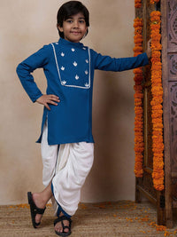 pspeaches Boys Mandarin Collar Floral Yoke Design Regular Thread Work Kurta with Dhoti Pants