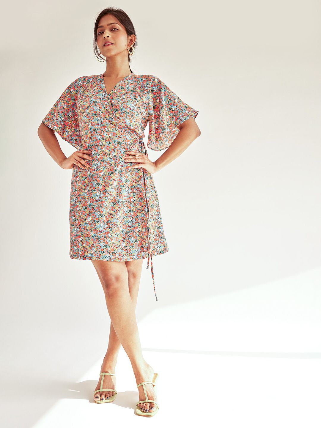The Label Life V-Neck Floral Print Flared Sleeve Dress