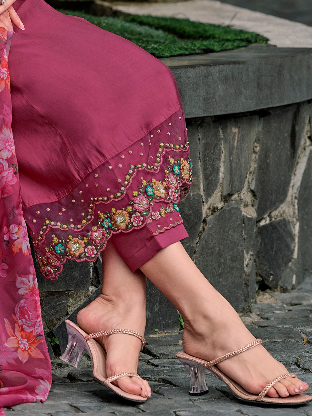 Indo Era Floral Yoke Design Thread Work A-Line Kurta With Trousers & Dupatta