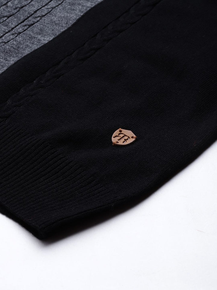 Raymond Men Black & Grey Colourblocked Pullover with Cable Knit Detail