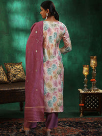 Libas Floral Printed Regular Thread Work Straight Kurta with Trousers & Dupatta