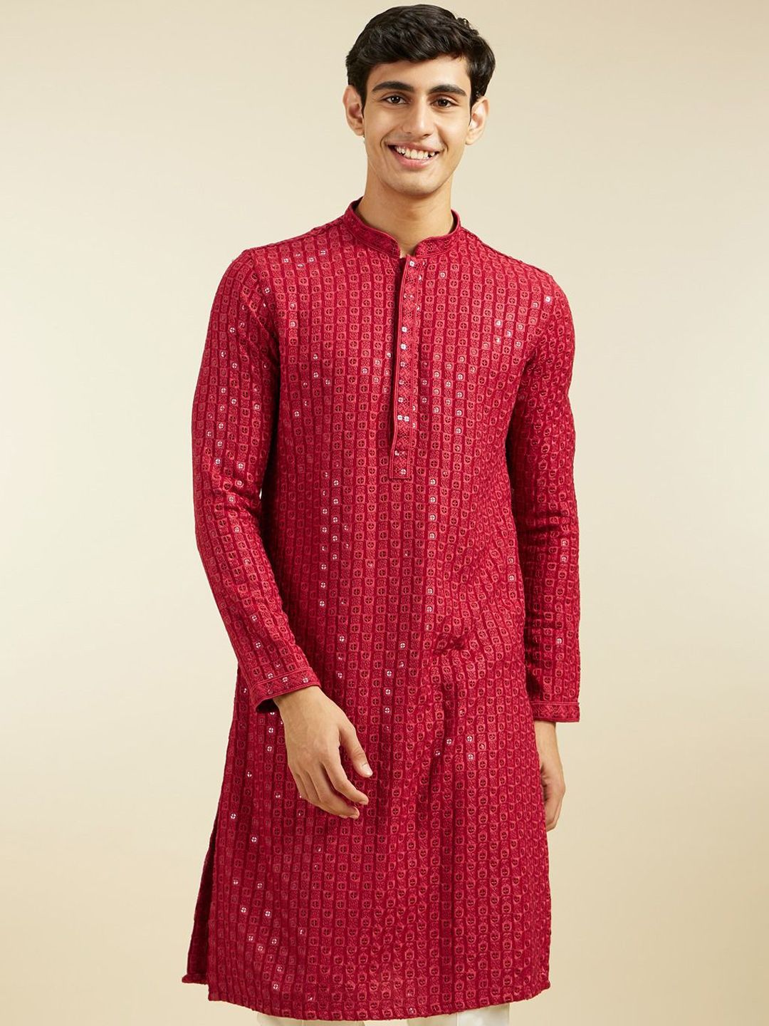 Diwas by Manyavar Geometric Chikankari Embroidered & Sequinned Mandarin Collar Kurta