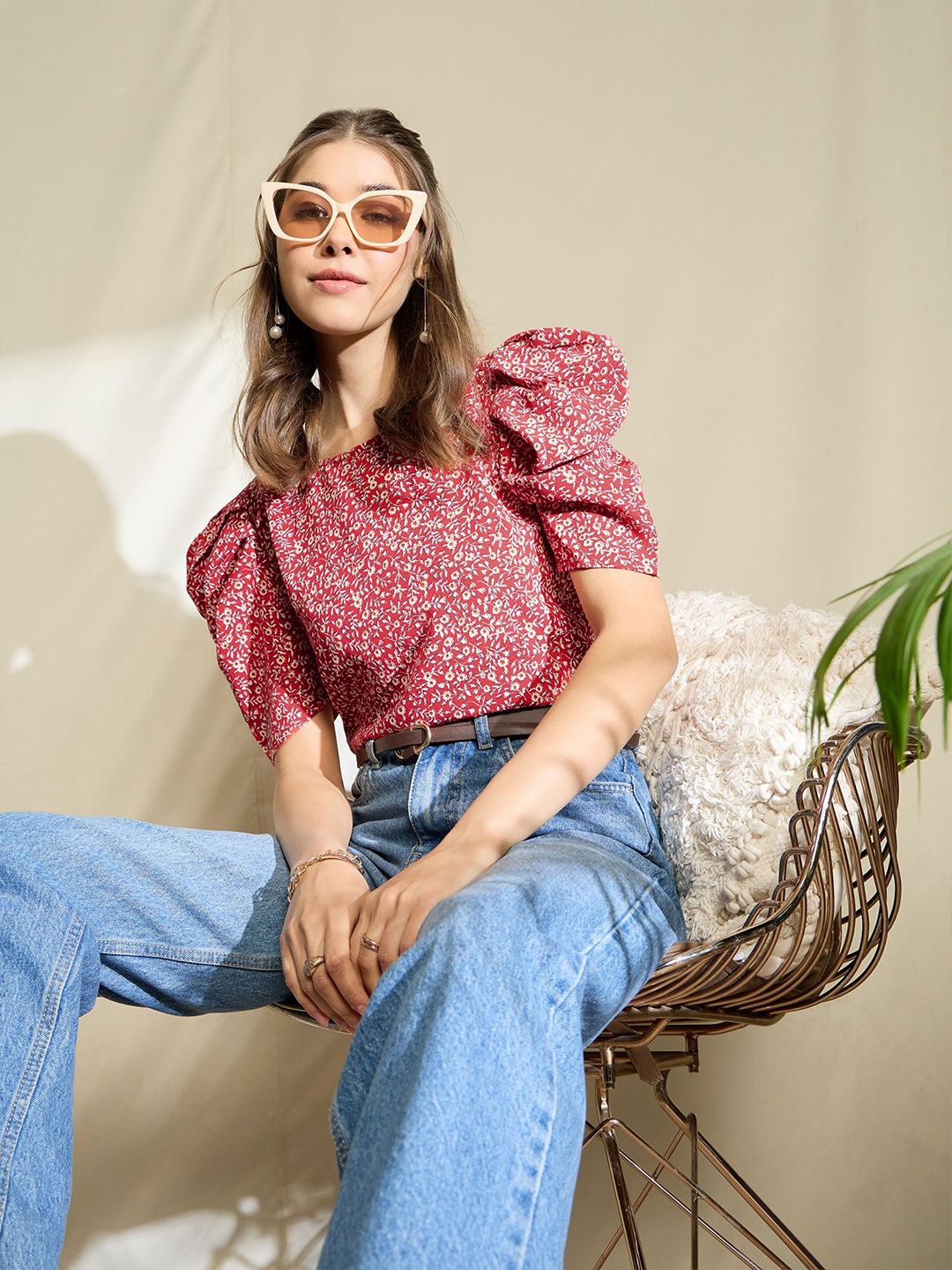 Berrylush Floral Print Puff Sleeve Top