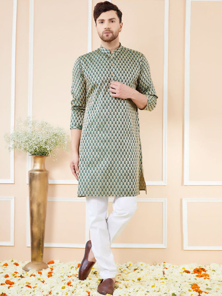 See Designs Ethnic Motifs Woven Design Mandarin Collar Regular Pure Silk Straight Kurta