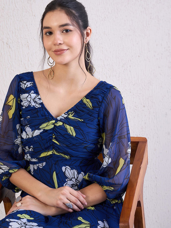 Antheaa Women Floral Print V-Neck Puff Sleeves Chiffon Knee Length Empire Dress