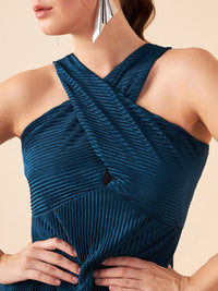 Antheaa Teal Self Design Sleeveless Chiffon Pleated A-Line Dress