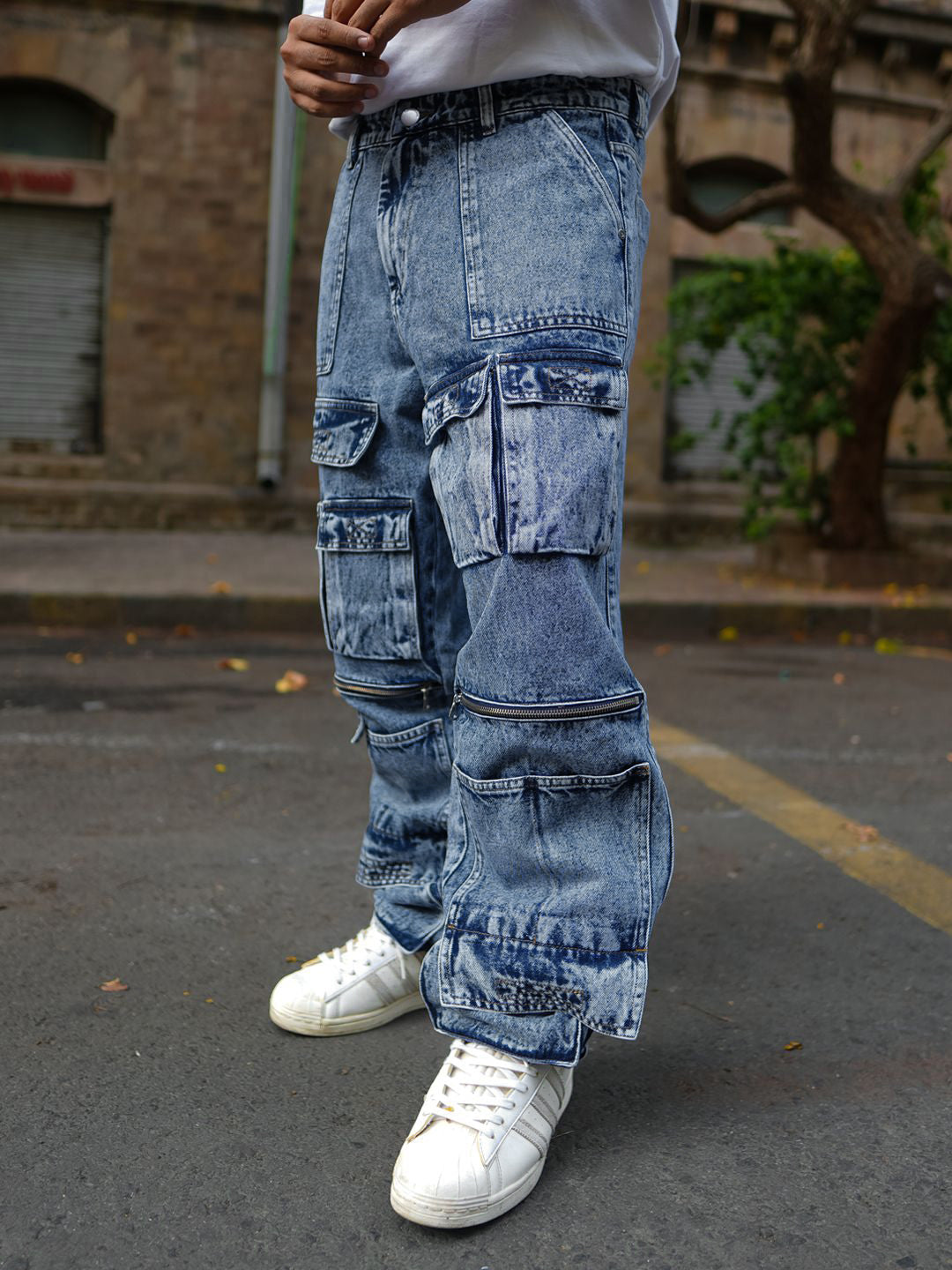 Powerlook Men Loose Baggy Fit Pure Cotton Denim Cargos