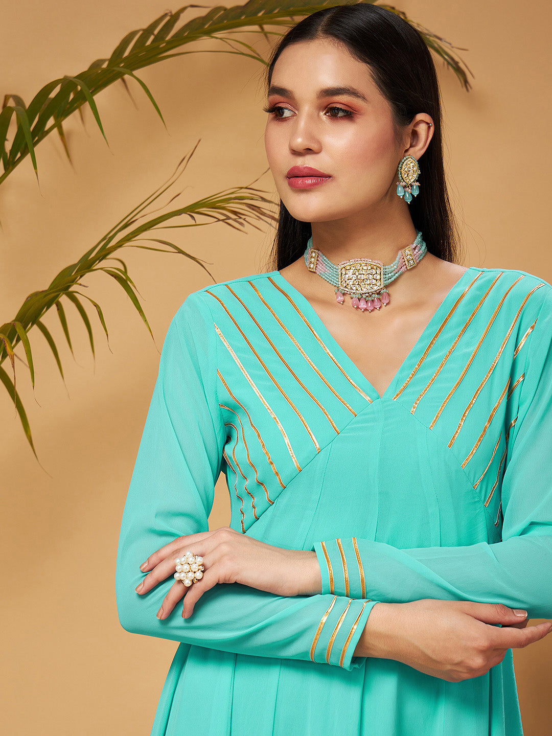 Shae by SASSAFRAS Blue Gotta Patti Detail Anarkali Maxi Dress