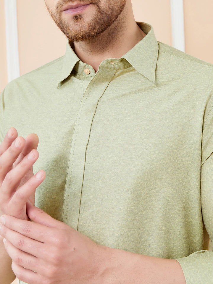 See Designs Shirt Collar Long Sleeves Pure Cotton Pathani Kurta With Pyjamas