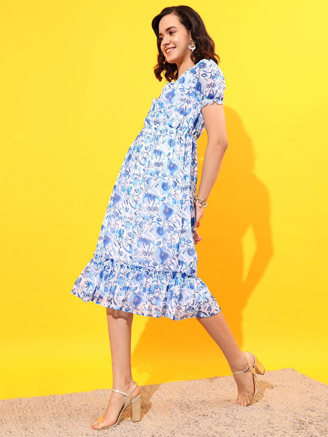 STREET 9 Floral Printed V Neck Puff Sleeves Dress