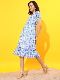 STREET 9 Floral Printed V Neck Puff Sleeves Dress