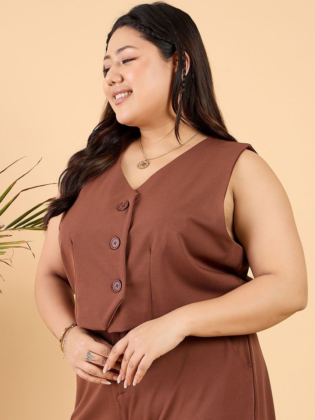 CURVY STREET Plus Size Brown V-Neck Waistcoat